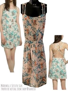 Madewell x Sessun Women's Silk floral Apron skater mini Dress pink green xs
